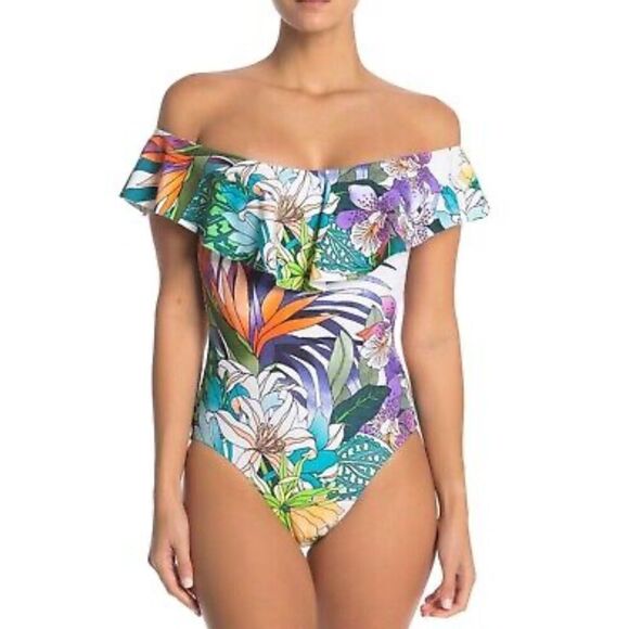 Trina Turk Womens Amazonia Off The Shoulder One Piece Swimsuit Multicolor Size 6 - Picture 1 of 12